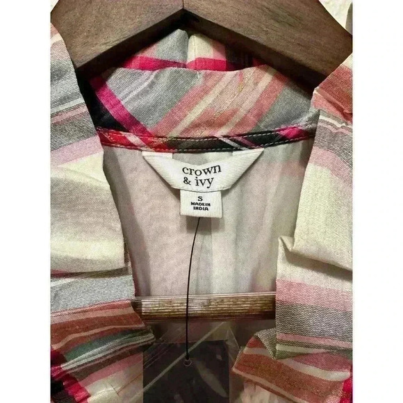 Crown & Ivy Womens Plaid Satin‎ Ruffle V-neck Blouse Top Small Multi Colored NWT - Picture 3 of 10